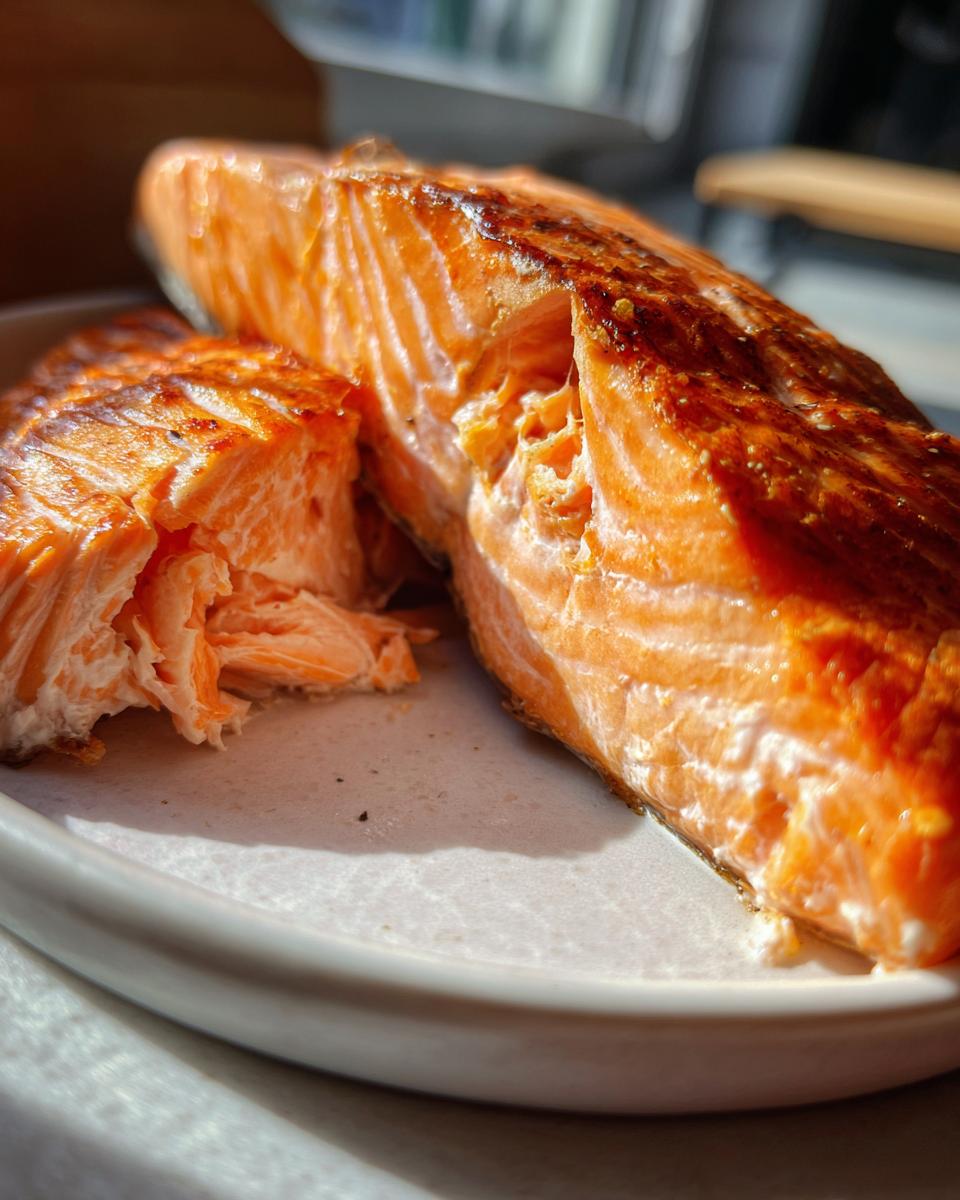 Close-up van een perfect gegaard stuk zalmfilet, klaar om te serveren, van het recept Creamy Cajun Stuffed Salmon.