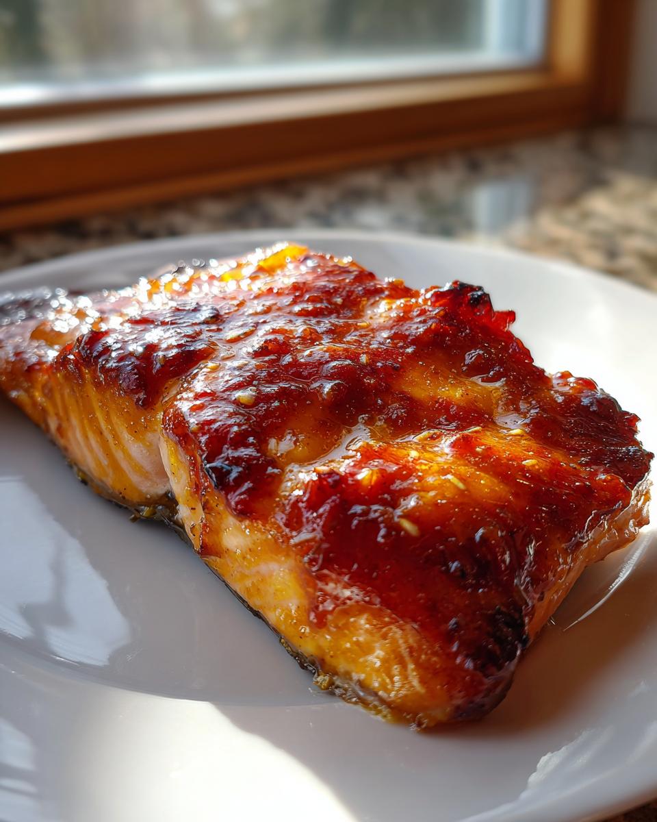 Een stuk gebakken zalm met een glanzende, gekarameliseerde Honey Mustard glazuur op een wit bord.