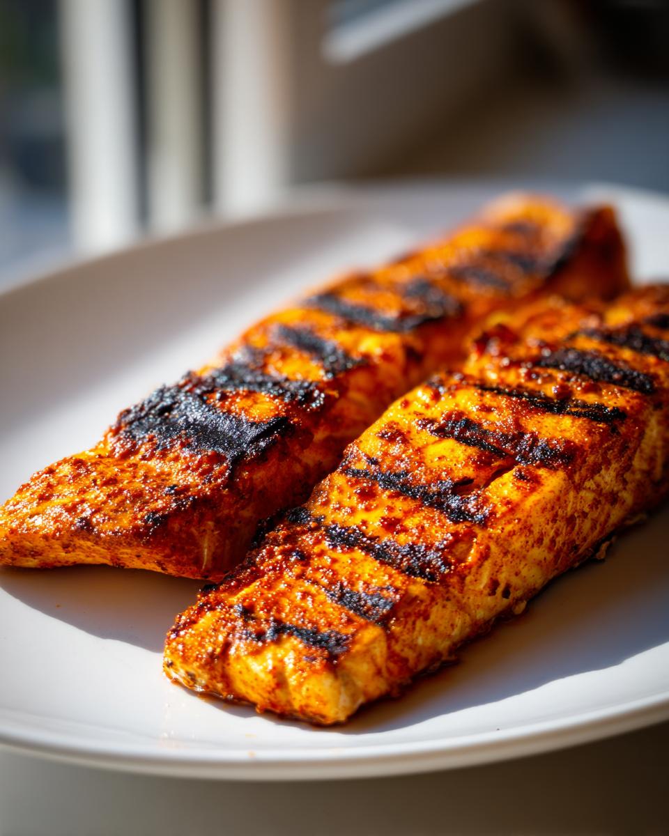 Twee gekruide en perfect gegrilde Mahi Mahi filets met duidelijke grillstrepen op een wit bord.