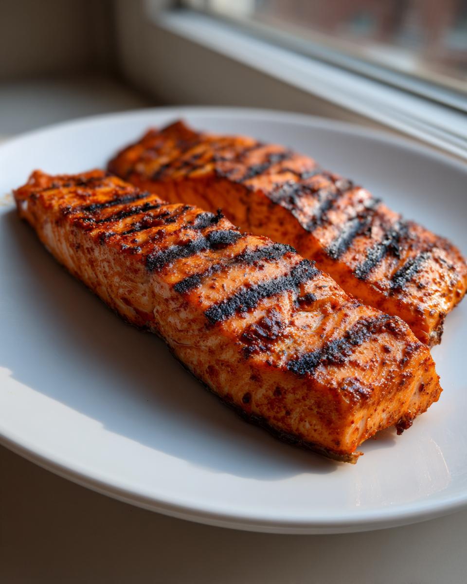 Twee perfect gegrilde stukken vis, waarschijnlijk Mahi Mahi, met duidelijke grillstrepen op een wit bord.