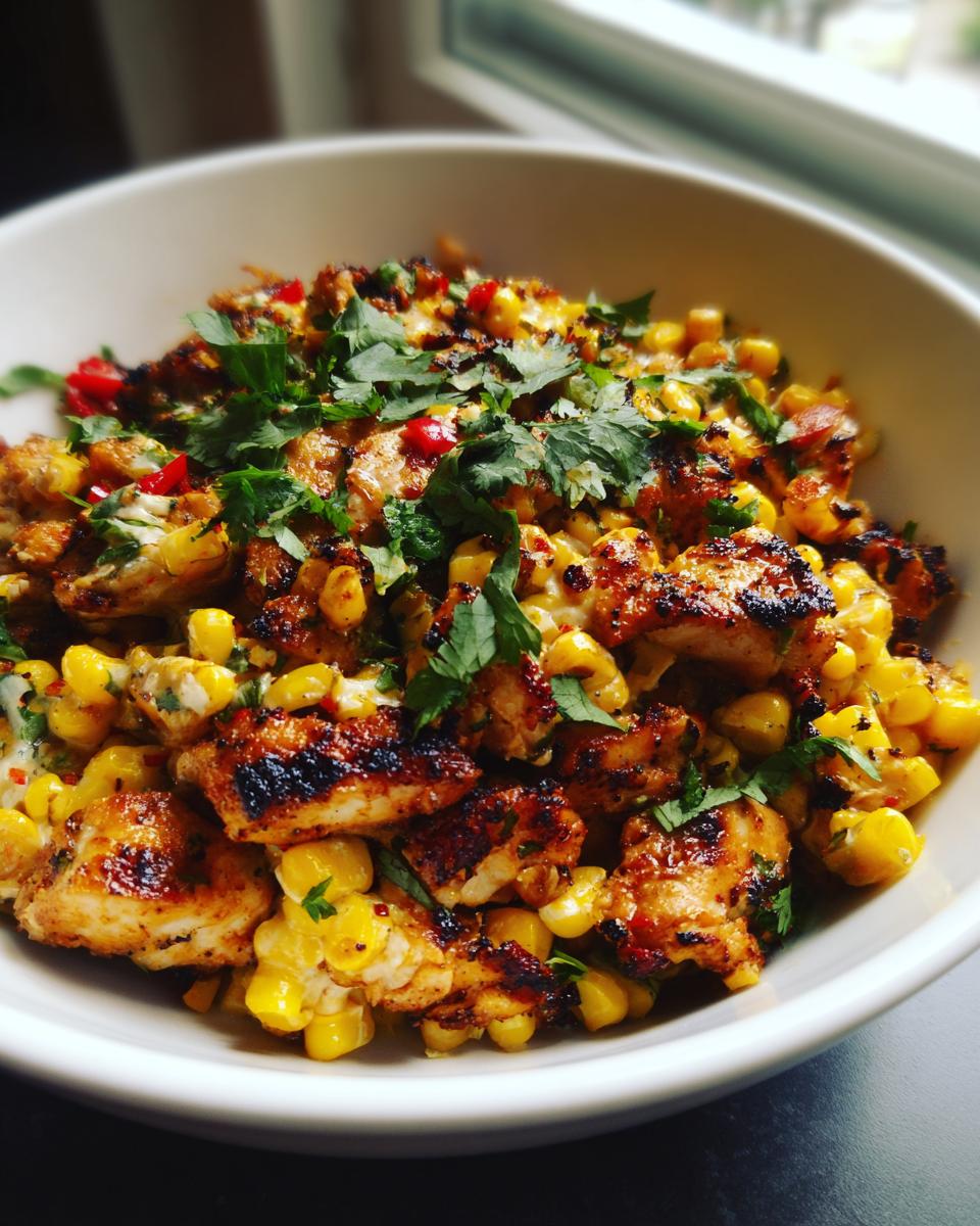 Close-up van stukjes gegrilde kip en geroosterde ma&iuml;s, gegarneerd met koriander in de Gegrilde Mexicaanse Ma&iuml;skipsalade.