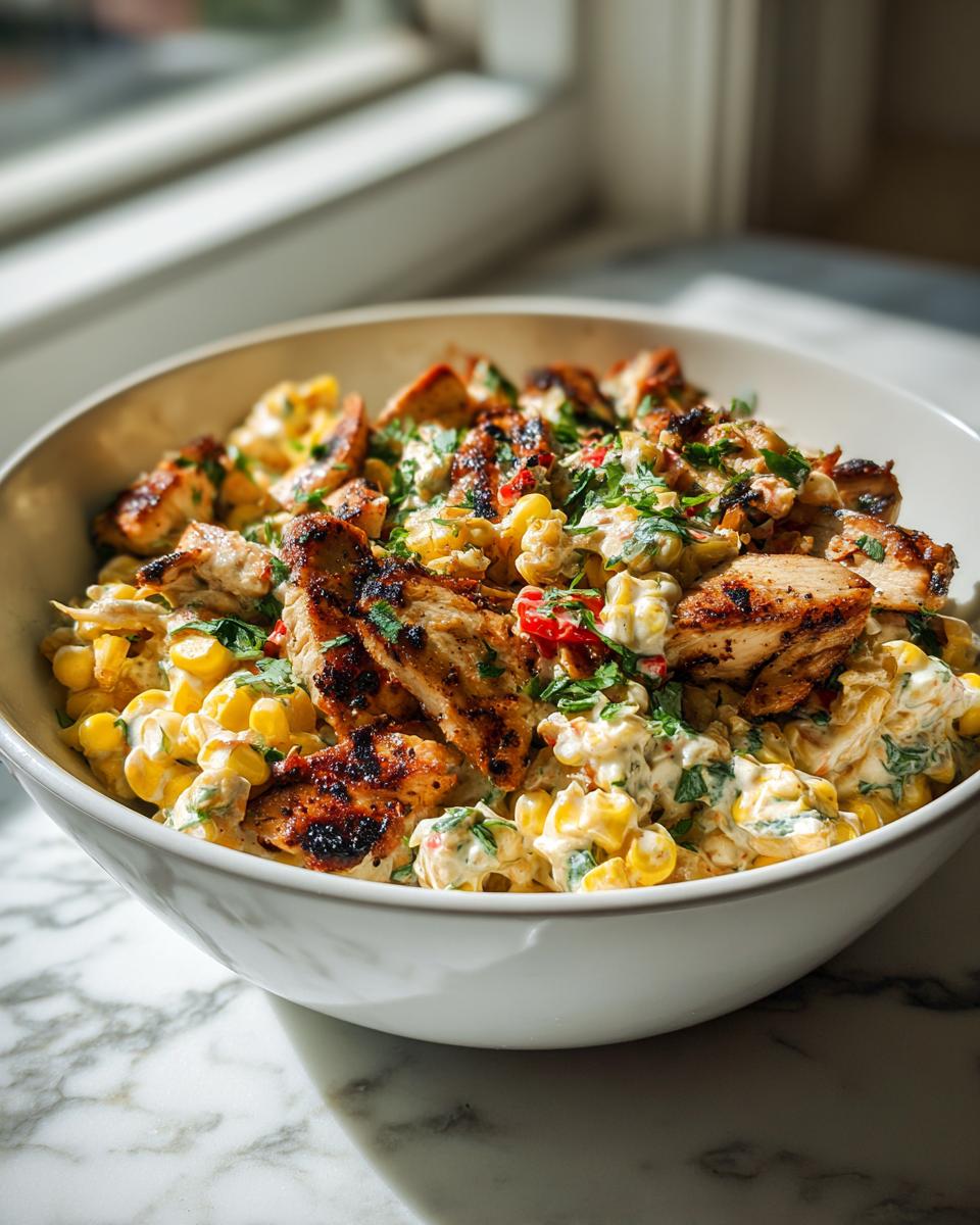 Close-up van romige Gegrilde Mexicaanse Ma&iuml;skipsalade met stukjes gegrilde kip en verse koriander.