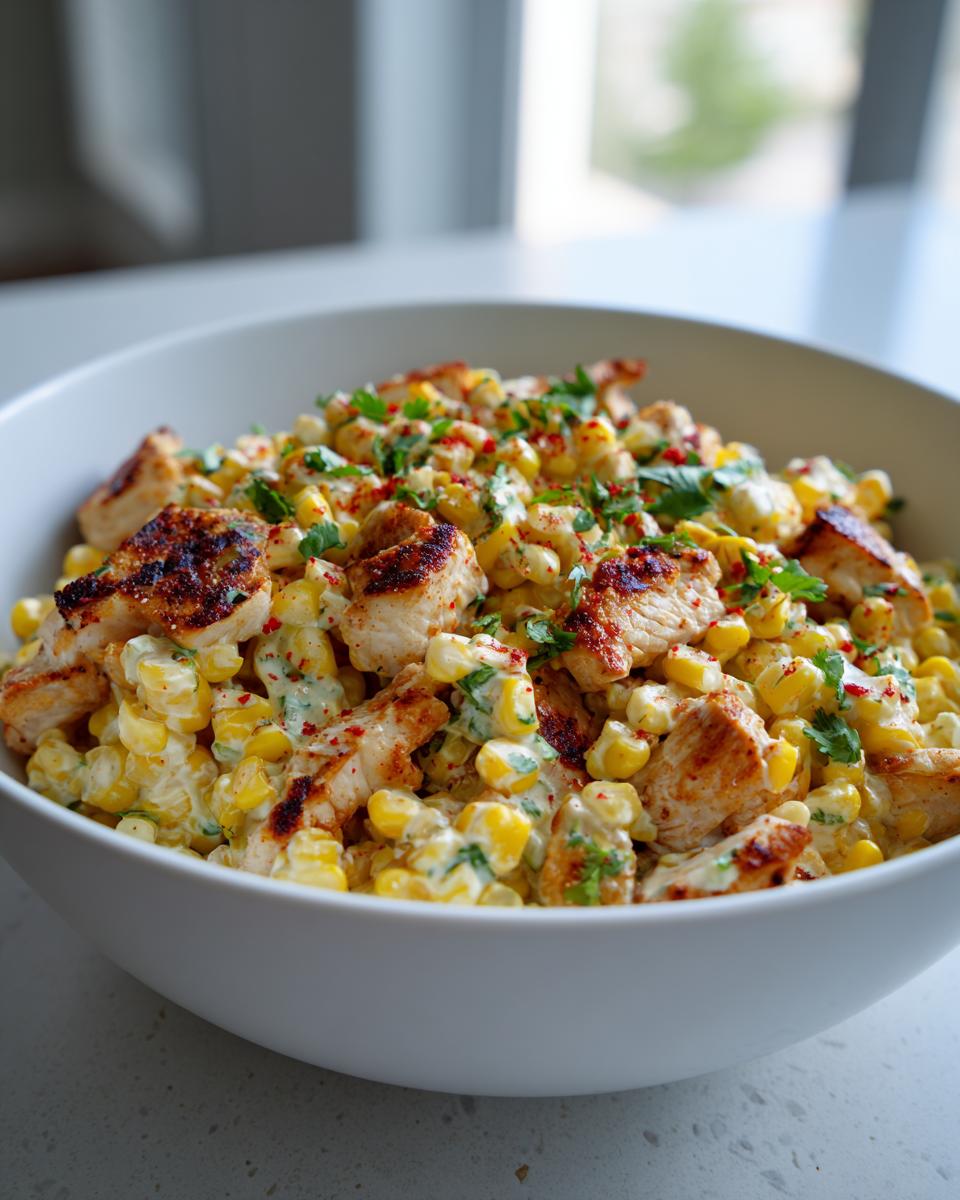 Close-up van een witte kom gevuld met Gegrilde Mexicaanse Ma&iuml;skipsalade, gegarneerd met koriander.
