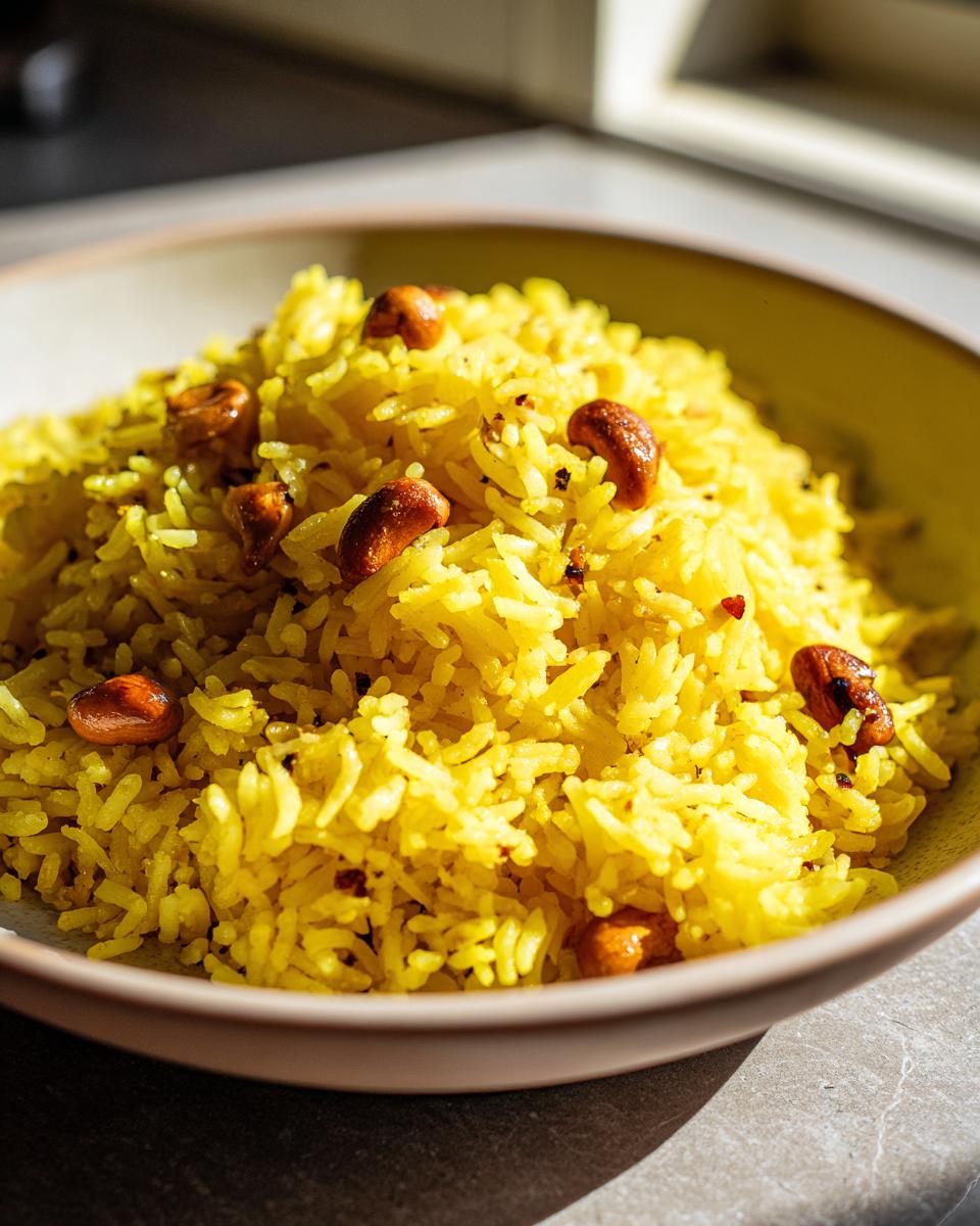 Gedetailleerde close-up van gele Lemon Rice, gegarneerd met geroosterde cashewnoten in een kom.