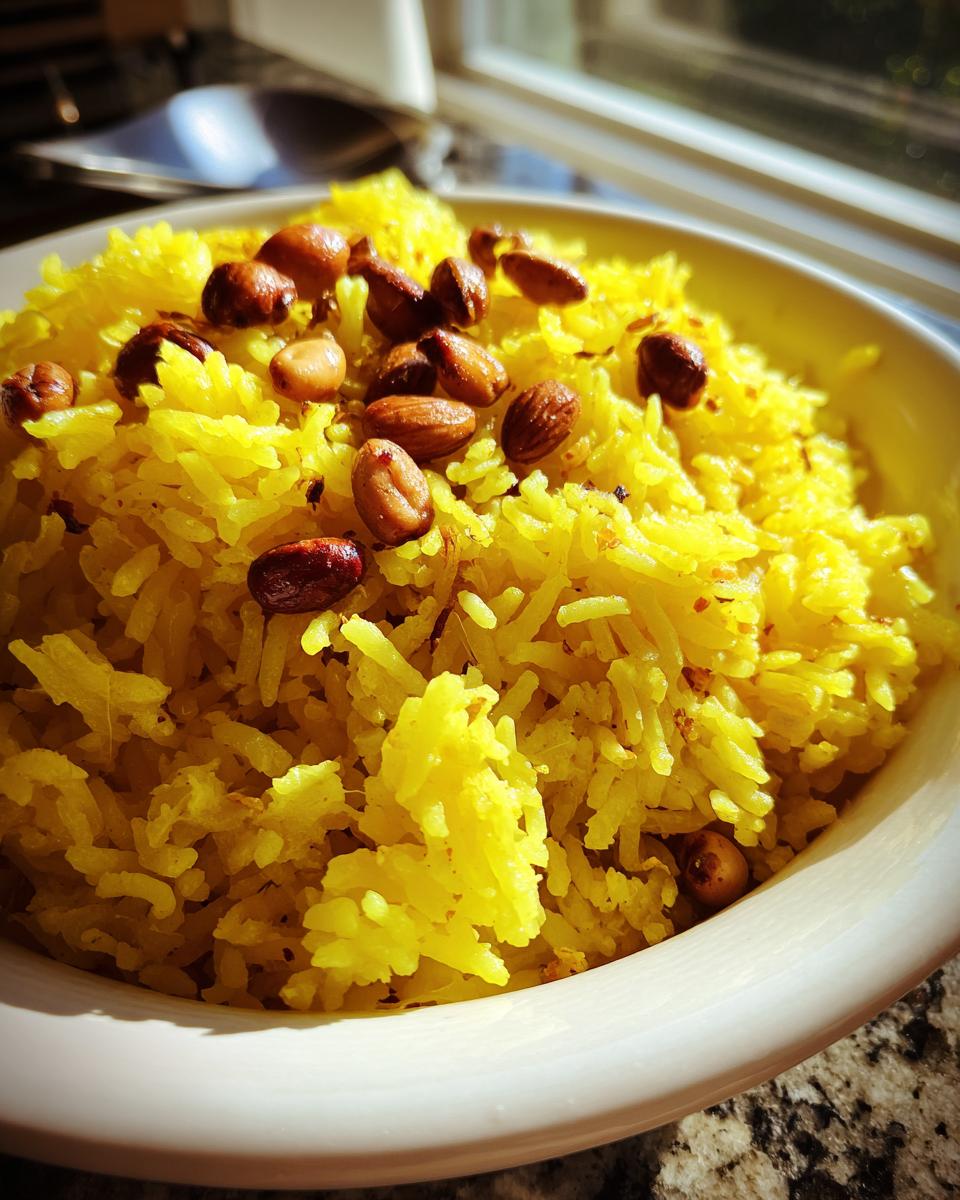 Close-up van gele Lemon Rice gegarneerd met geroosterde amandelen en pinda's in een witte kom.