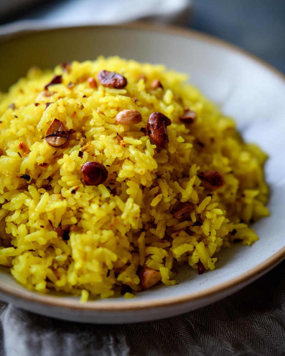Close-up van heldergele Lemon Rice rijst met geroosterde pinda's in een lichte kom.