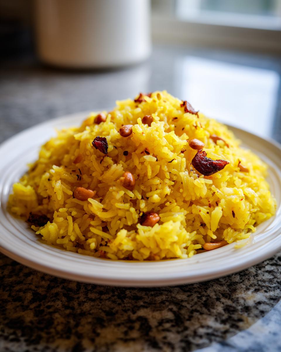 Een berg heldergele Lemon Rice, gegarneerd met pinda's en donkere rozijnen, op een wit bord.