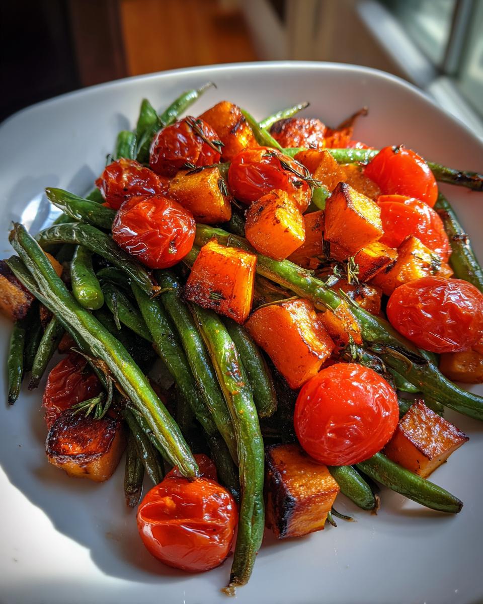 Close-up van geroosterde groene bonen, pompoenblokjes en cherrytomaten op een wit bord.