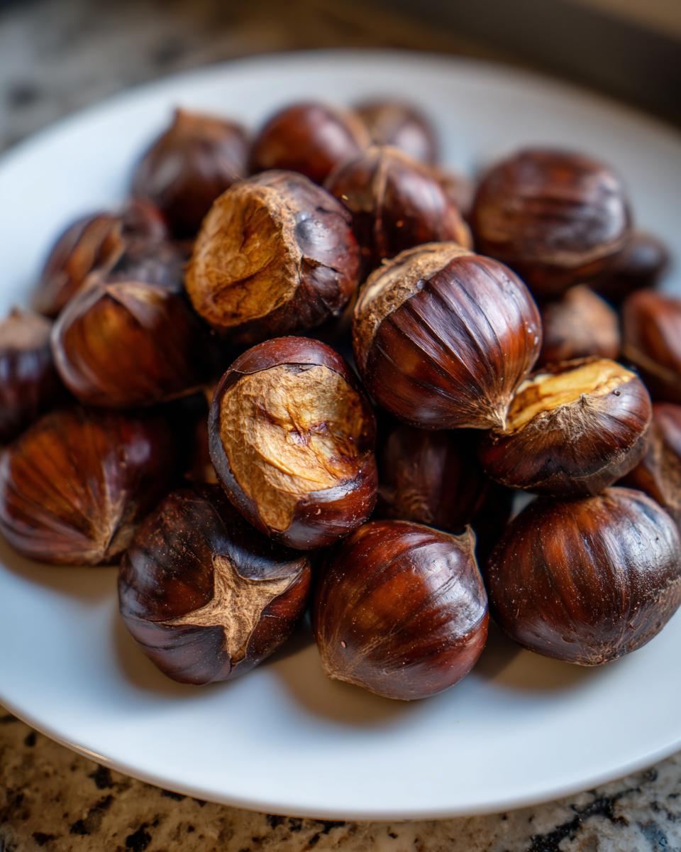 Een stapel bruine, geroosterde kastanjes met ingesneden schillen op een wit bord.