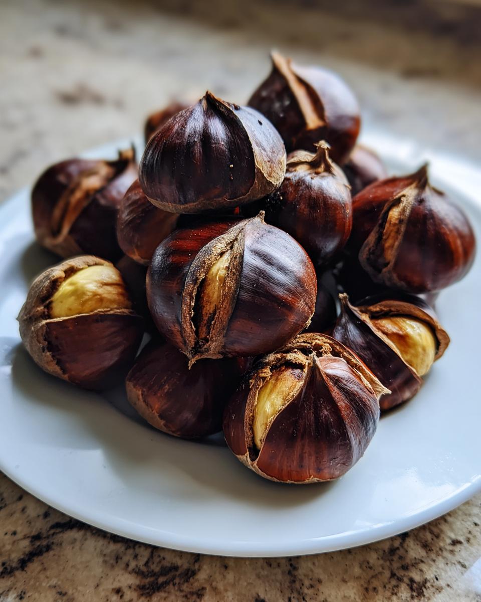 Een stapel vers geroosterde kastanjes op een wit bord, waarbij de schil is opengespleten om het gele vruchtvlees te tonen.