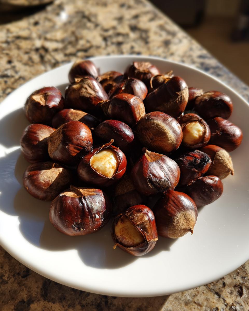 Een bord vol met warme, geroosterde kastanjes, waarbij sommige al open zijn en de zachte binnenkant tonen.