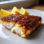 Close-up van een sappig stuk Geroosterde Mahi Mahi met een donkere, gekruide korst, geserveerd met citroenpartjes.