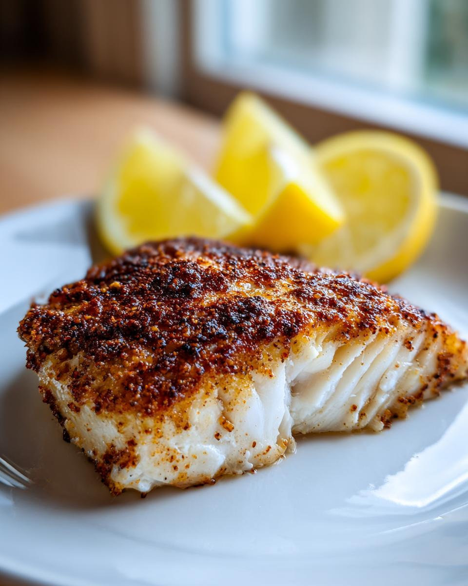Close-up van een stuk perfect geroosterde Mahi Mahi met een krokante kruidenkorst, geserveerd met citroenpartjes.