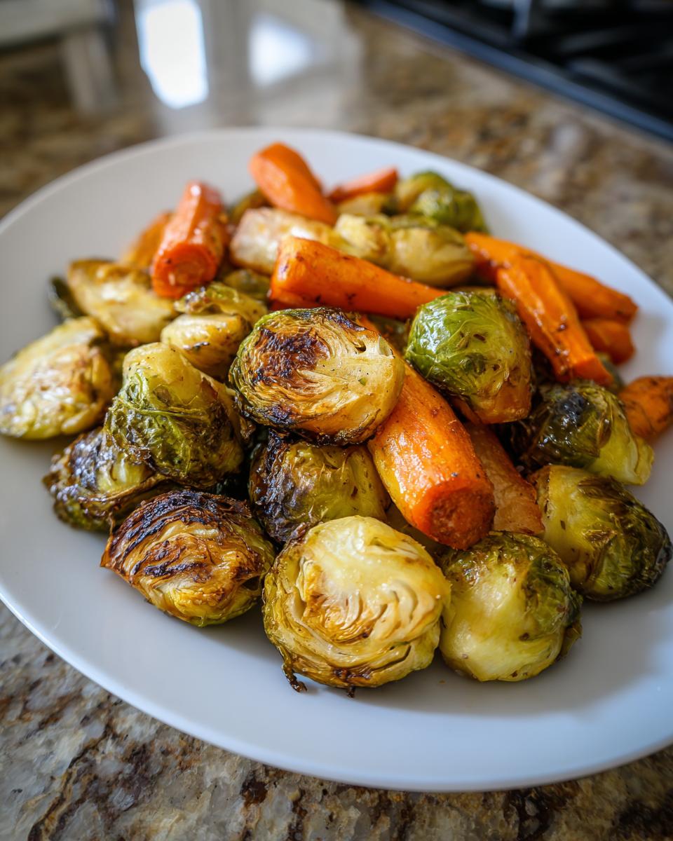 Close-up van geroosterde spruitjes en wortelen op een wit bord, perfect voor het recept Roasted Brussels Sprouts And Carrots.