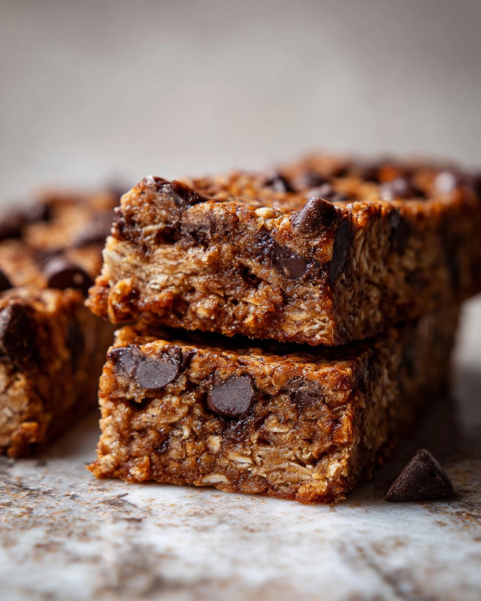 Twee gestapelde repen van rijke, bruine chocolade granola met zichtbare havermout en chocoladedruppels.