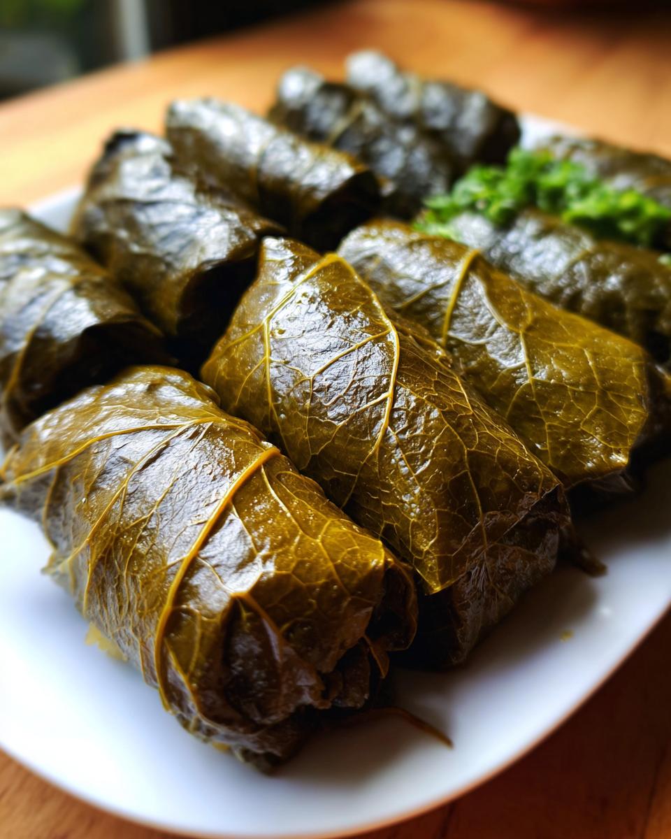 Close-up van een bord met glanzende, gevulde druivenbladeren (dolmades) gegarneerd met peterselie.