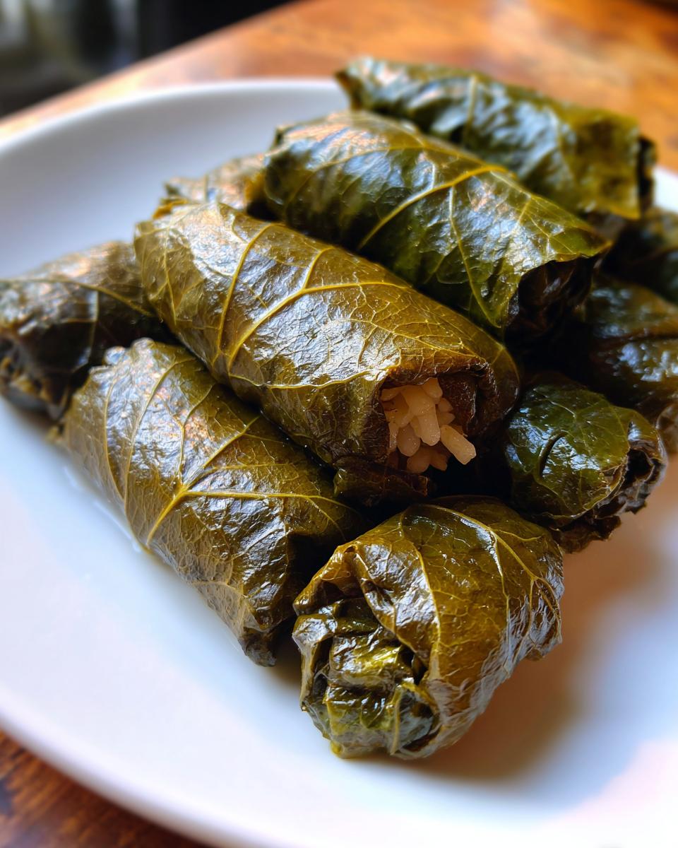 Close-up van een stapel glanzende, groene Stuffed Grape Leaves (gevulde druivenbladeren) op een wit bord.