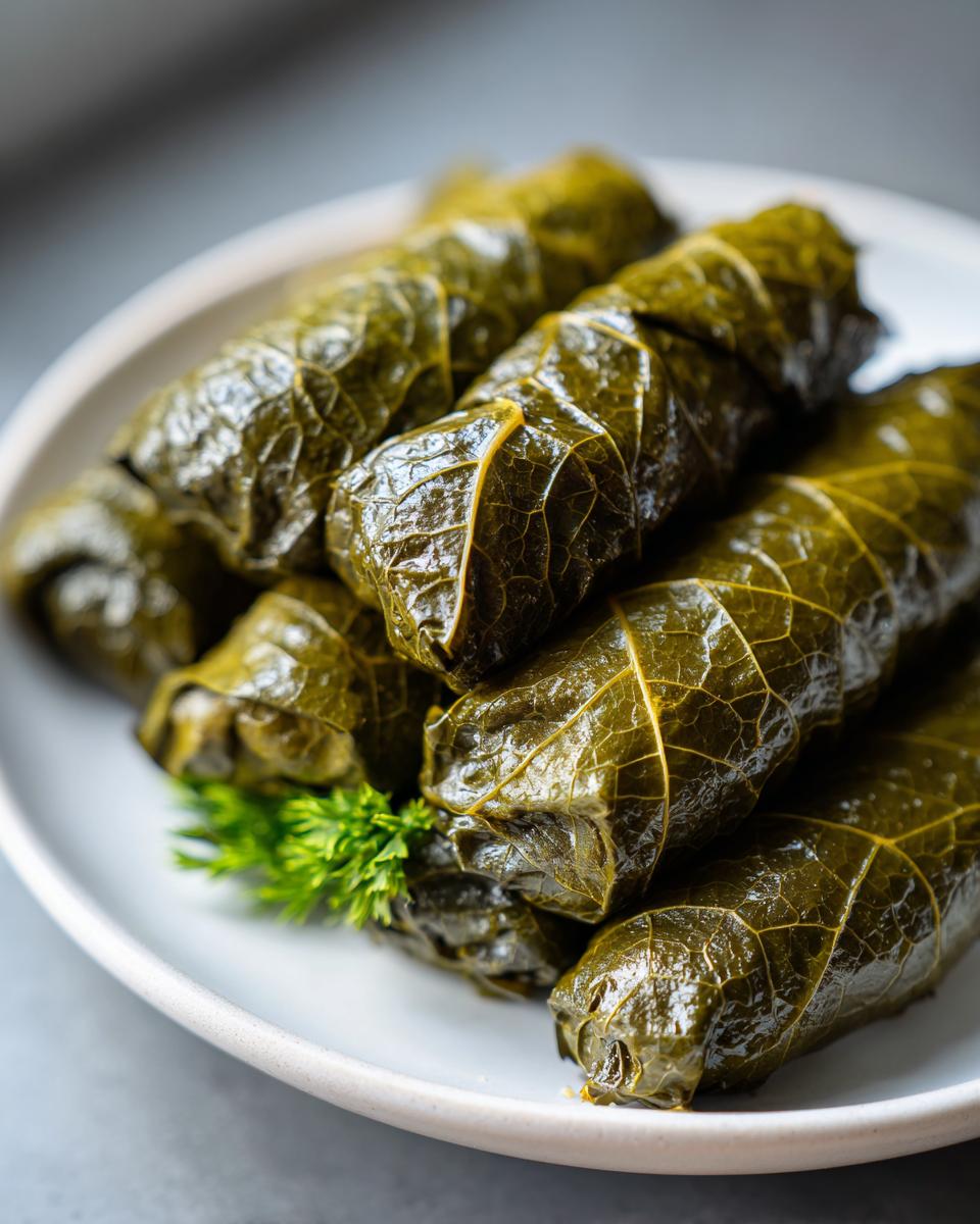 Een stapel glanzende, donkergroene gevulde druivenbladeren, gegarneerd met dille, op een wit bord.