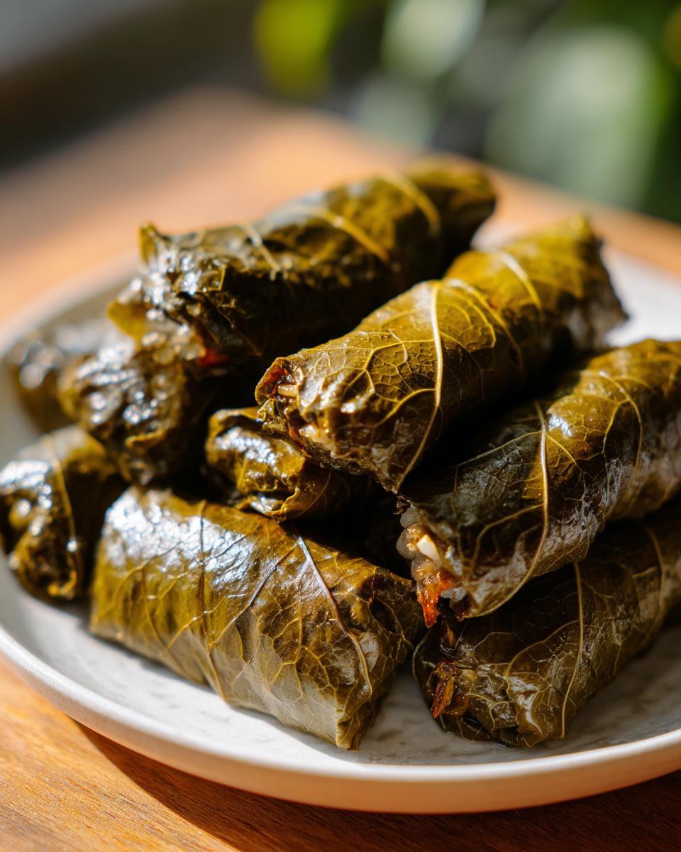 Een stapel glanzende, donkergroene Gevulde Druivenbladeren op een licht bord.