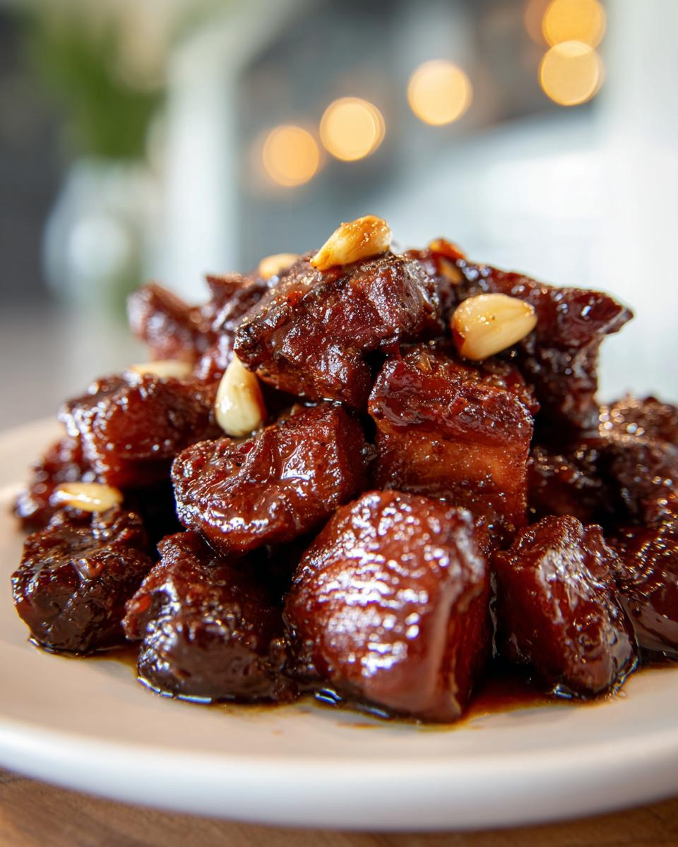 Close-up van donkerbruin, geglaceerd vlees, mogelijk varkensvlees, gegarneerd met knoflook, in een recept voor Easy Chicken Adobo.