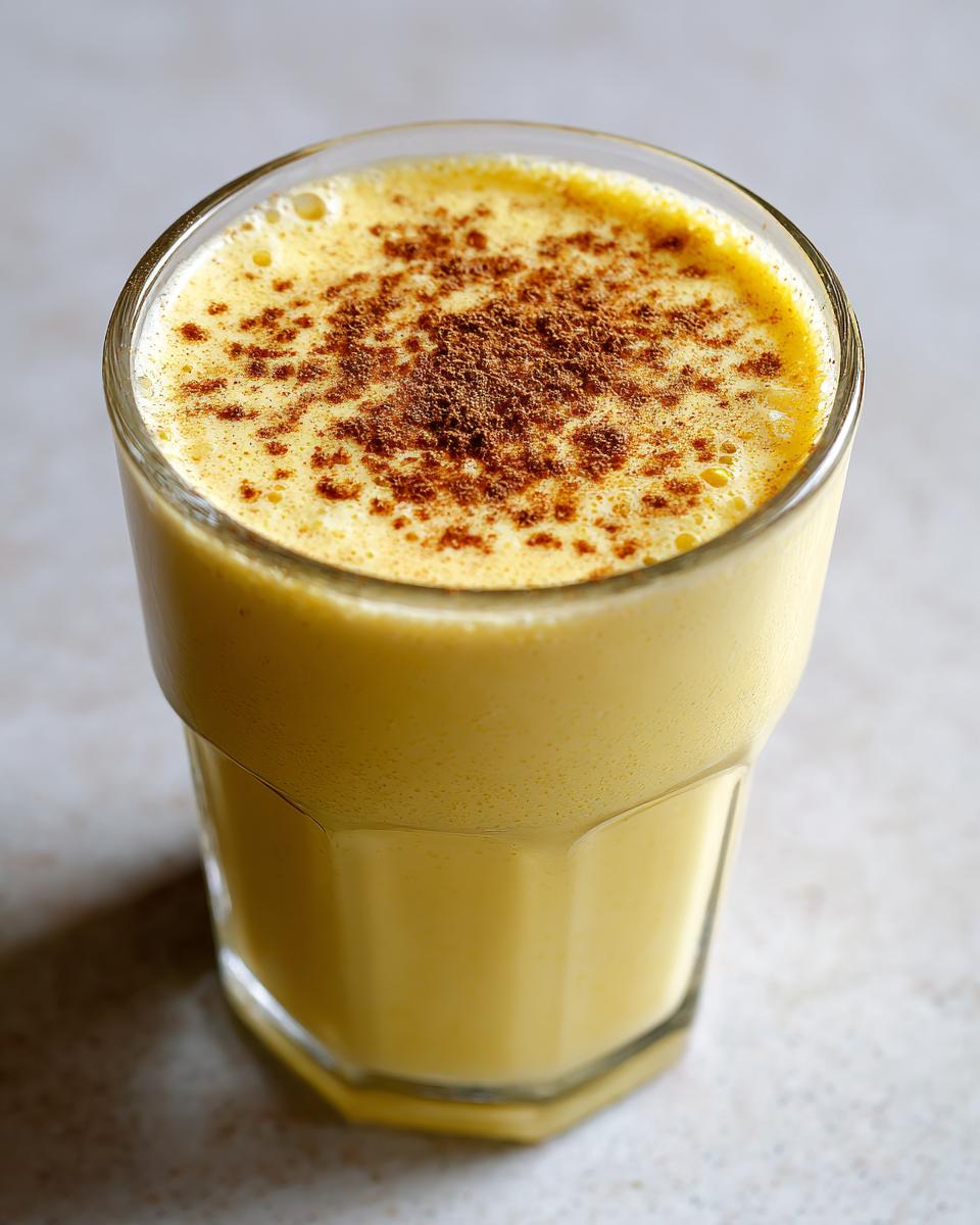 Een hoog glas met romige, gele Homemade Eggnog, gegarneerd met een royale laag kaneelpoeder.