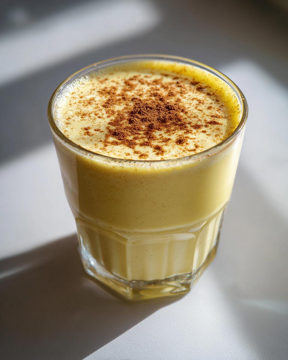 Een glas met romige, gele Homemade Eggnog, gegarneerd met een royale laag kaneelpoeder.