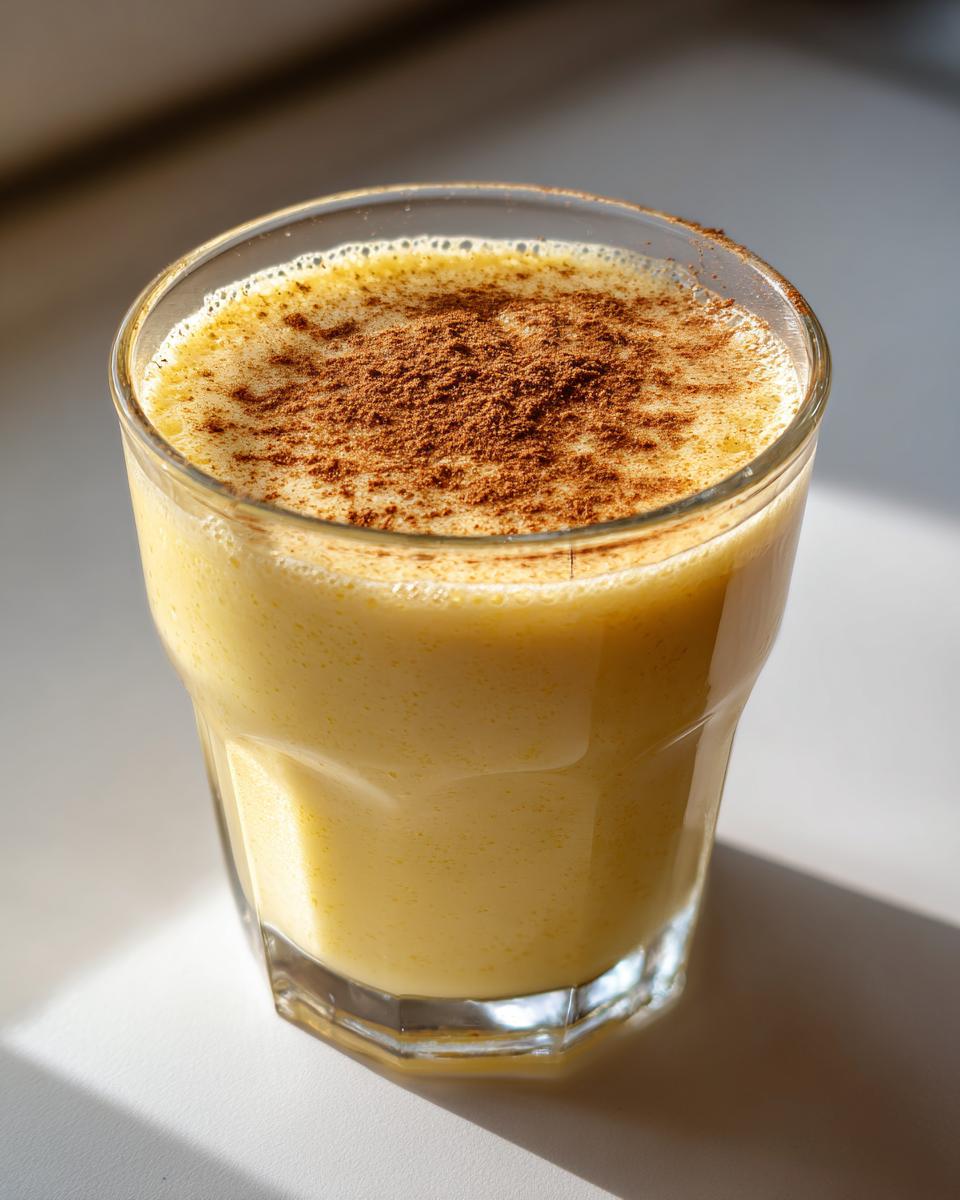Een glas romige Homemade Eggnog, gegarneerd met een royale laag kaneelpoeder.