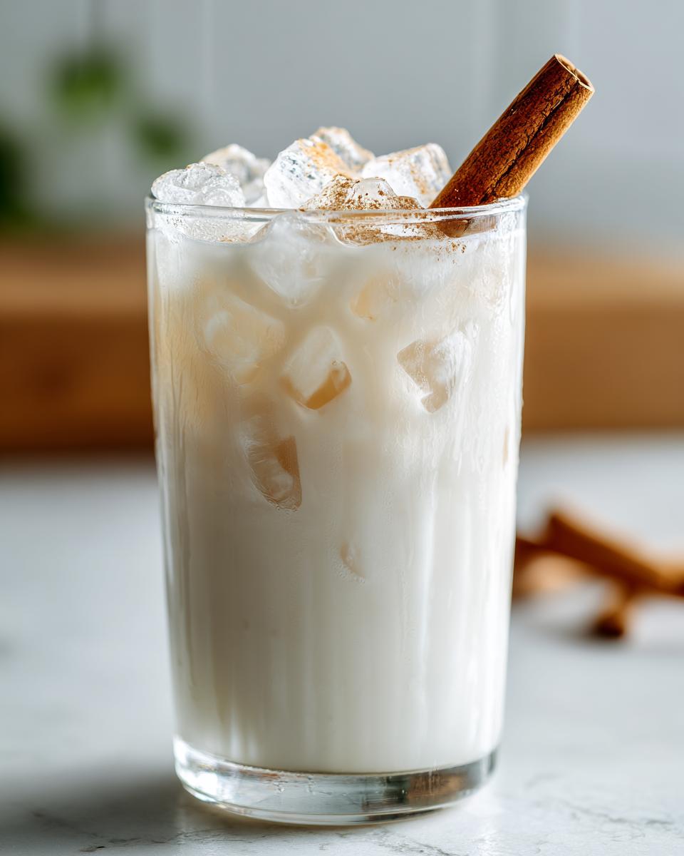 Een hoog glas met ijskoude Homemade Horchata, gegarneerd met kaneelpoeder en een kaneelstokje.