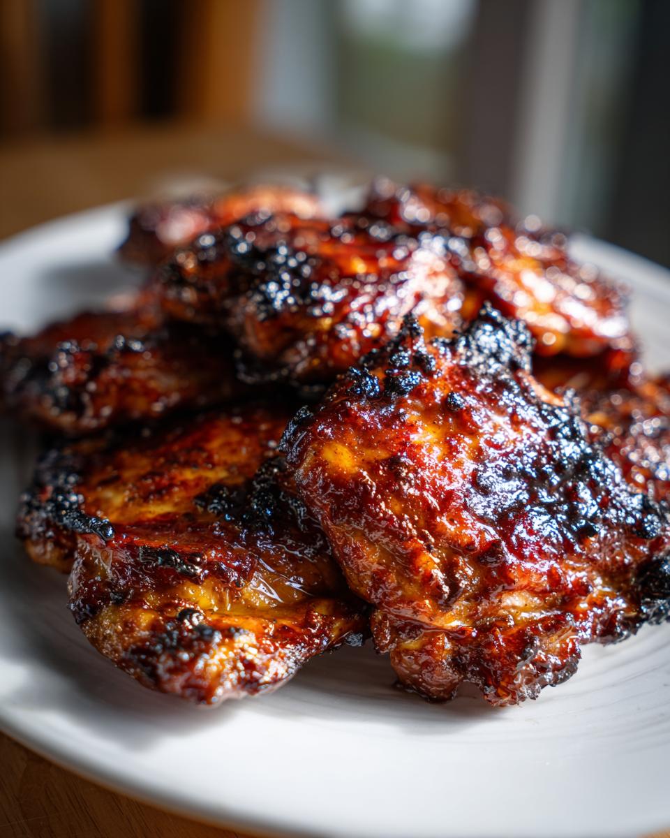 Close-up van sappige Glazed Broiled Chicken Thighs met een donkere, gekarameliseerde korst op een wit bord.