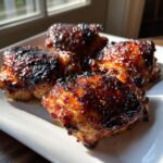 Close-up van vier Glazed Broiled Chicken Thighs met een donkere, glanzende, gekarameliseerde korst.