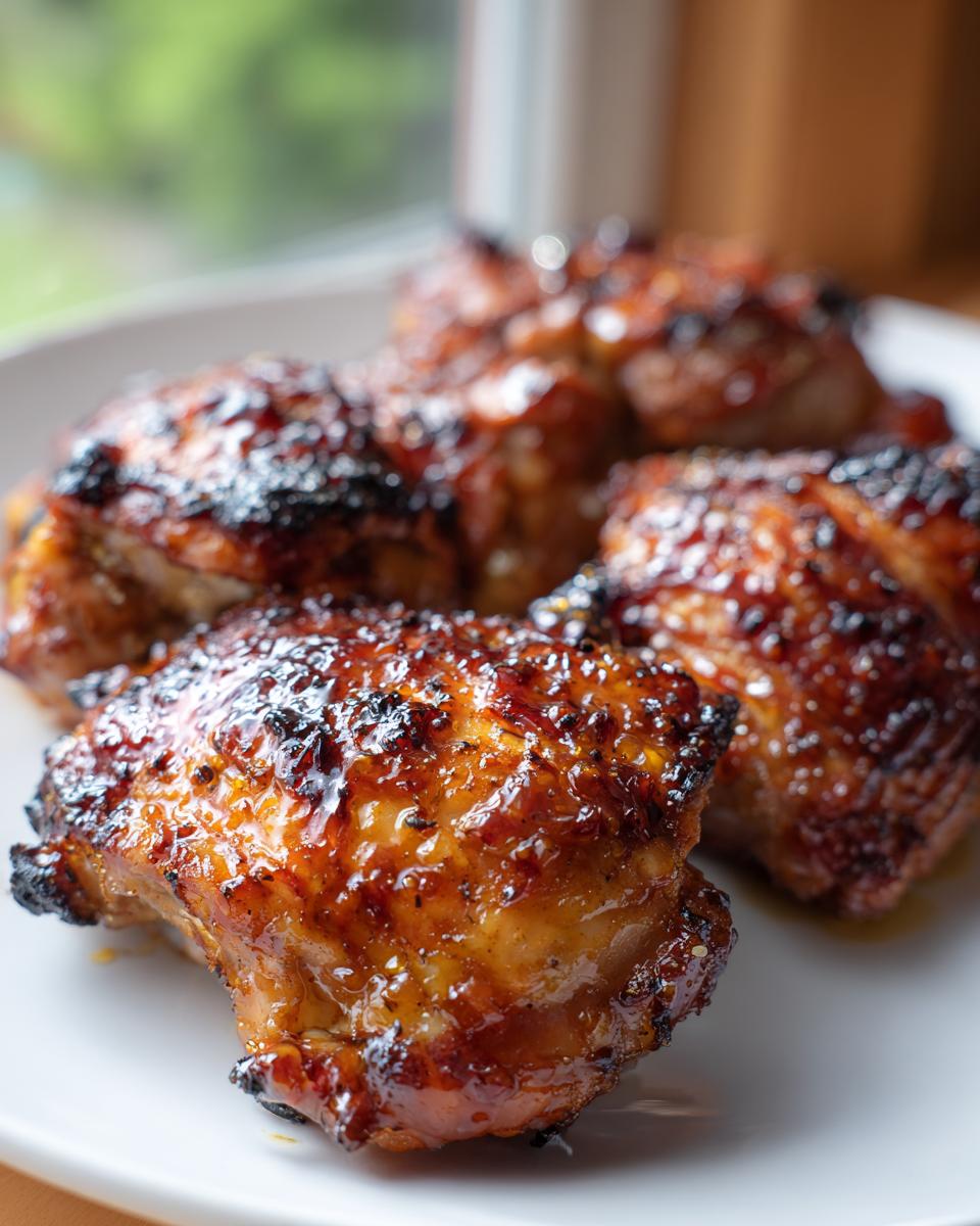 Close-up van sappige Glazed Broiled Chicken Thighs met een glanzende, gekarameliseerde korst op een wit bord.