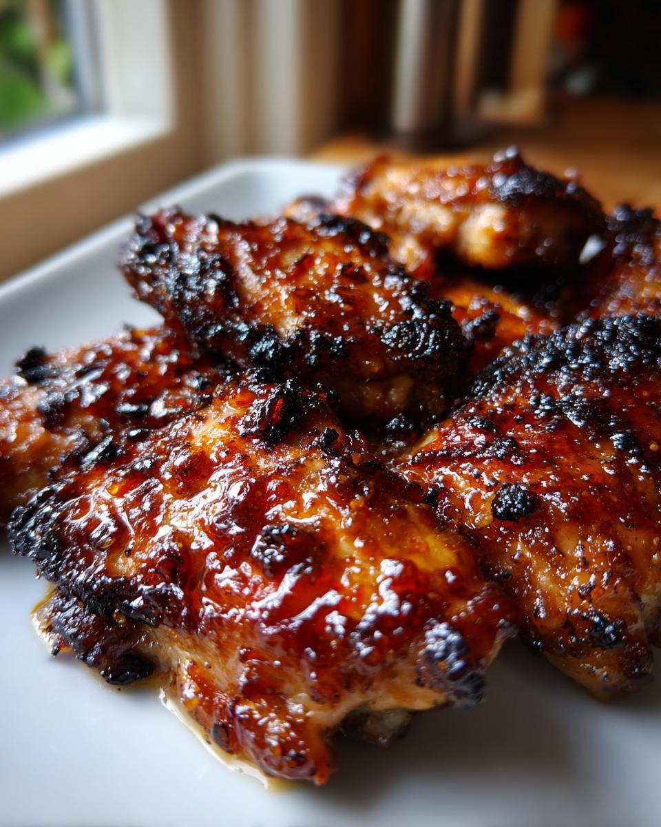 Close-up van sappige Glazed Broiled Chicken Thighs met een donkere, glanzende karamelachtige korst.