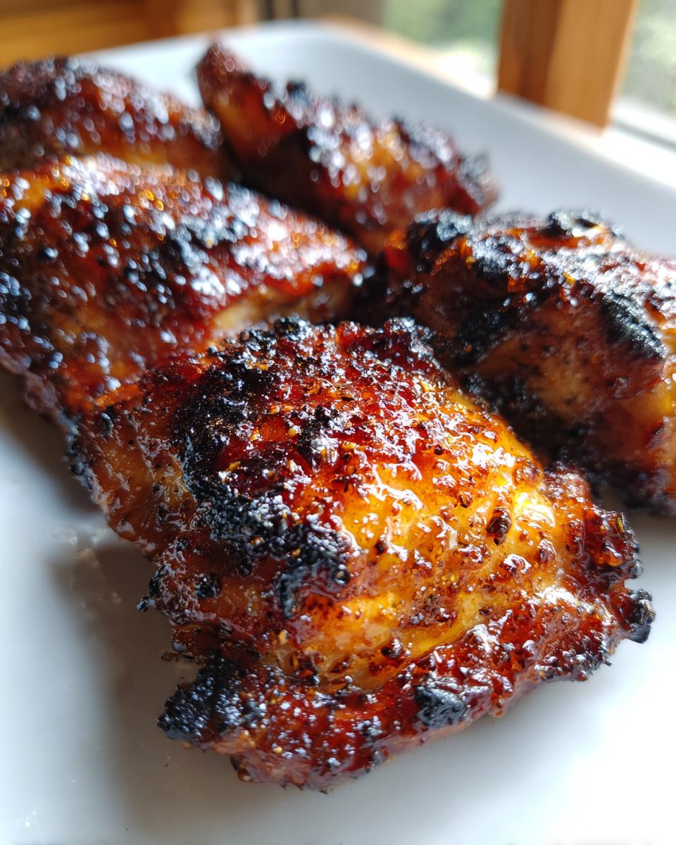 Close-up van sappige Glazed Broiled Chicken Thighs met een donker, gekaramelliseerd glazuur op een wit bord.