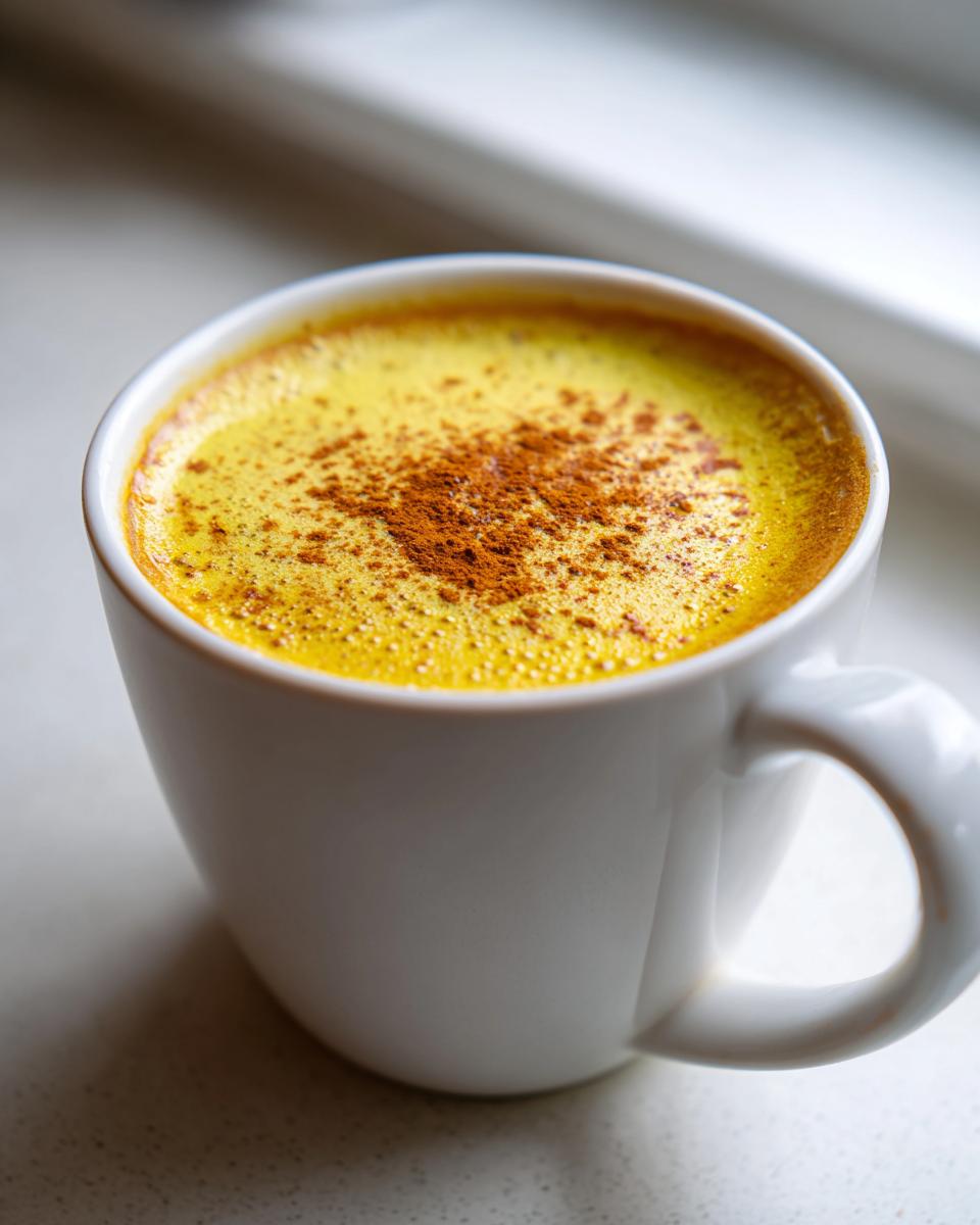 Close-up van een witte mok gevuld met een heldere gele Golden Milk Latte, getopt met kaneelpoeder.