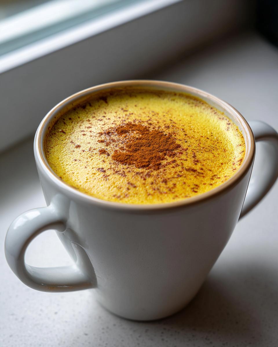 Close-up van een felgele Golden Milk Latte in een witte mok, gegarneerd met kaneelpoeder.