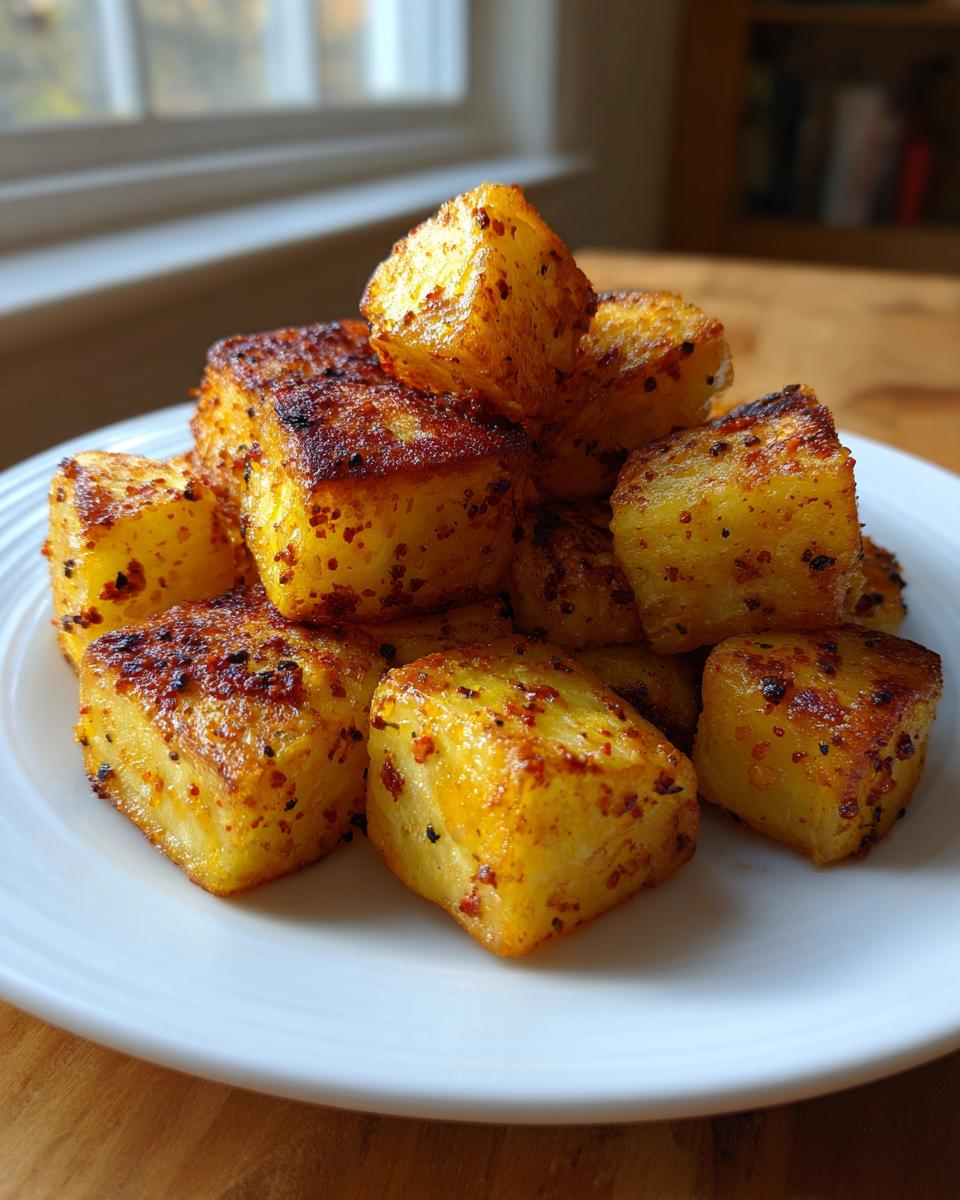 Stapeltje goudbruine, gekruide Crispy Air Fryer Potatoes op een wit bord.