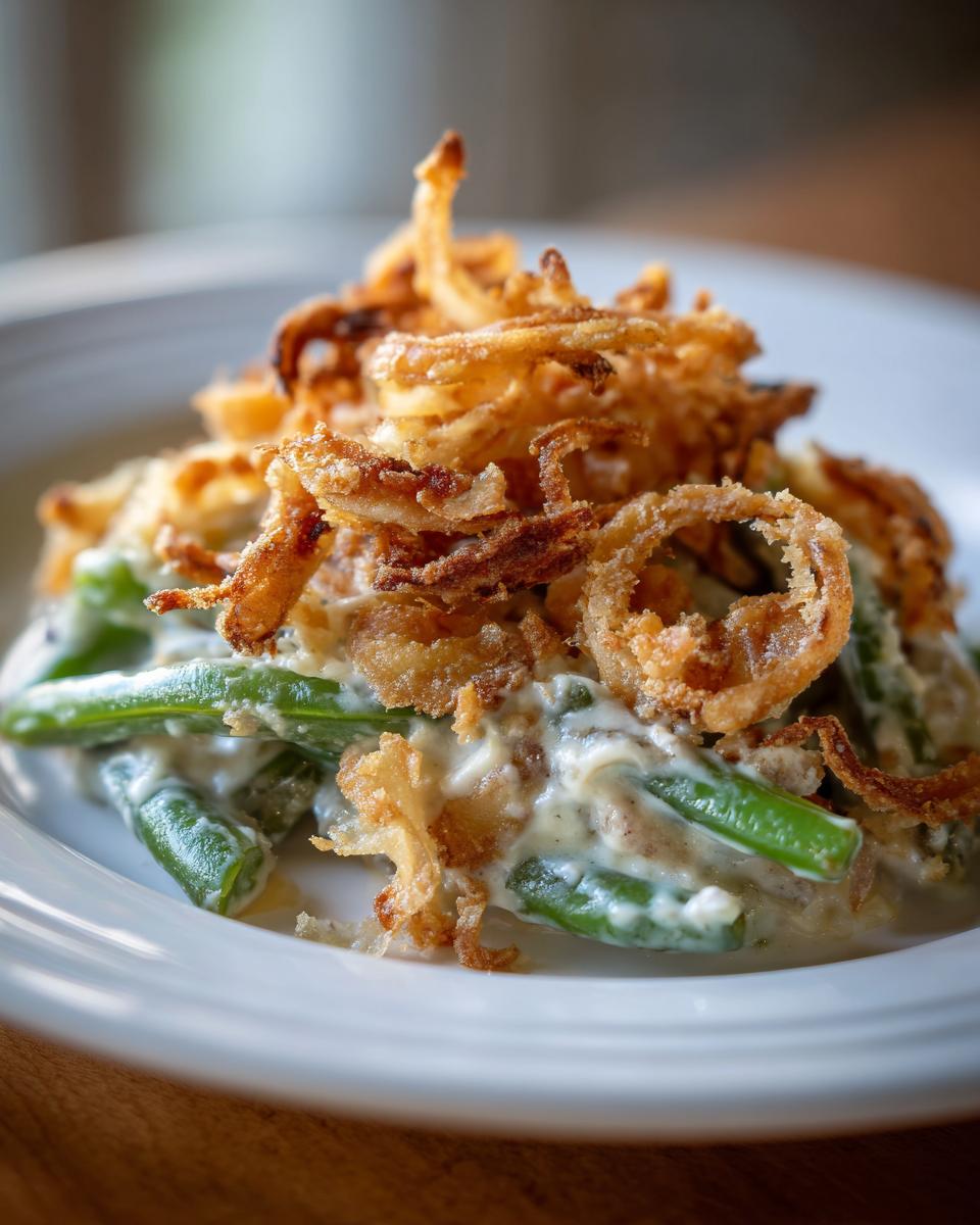 Een close-up van een portie Green Bean Casserole met romige saus en knapperige gebakken uien bovenop.