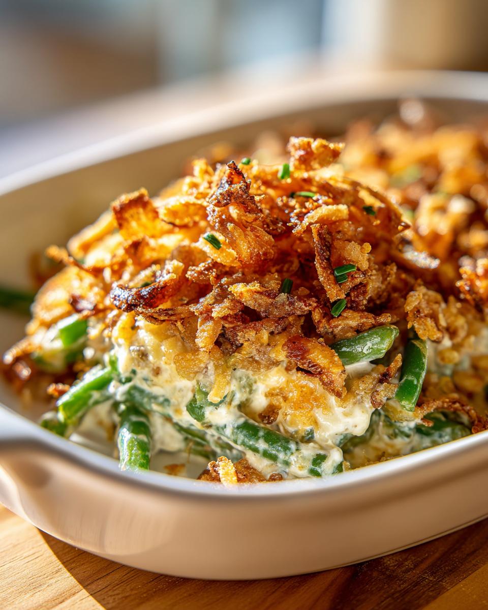 Close-up van een romige Green Bean Casserole met een dikke laag krokante, goudbruine uienringen bovenop.