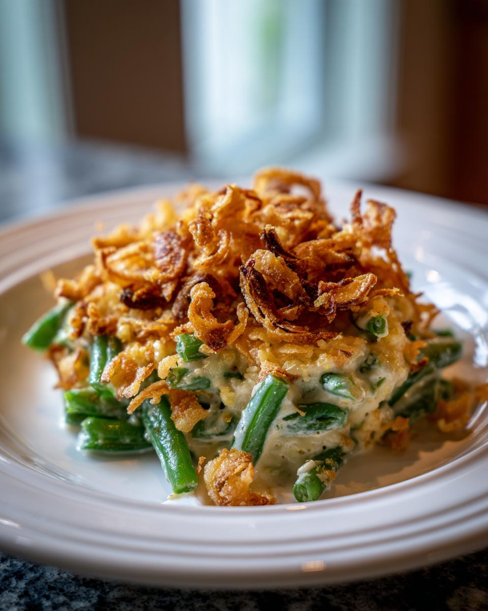 Een portie romige Green Bean Casserole met felgroene sperziebonen en een topping van krokant gebakken uitjes.