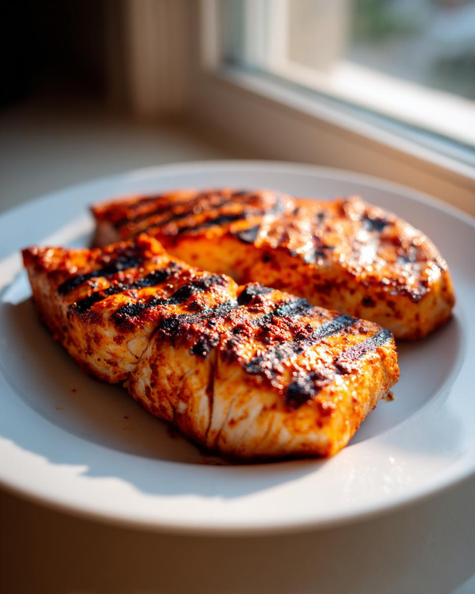 Twee gemarineerde en gegrilde stukken Grilled Mahi Mahi met duidelijke grillstrepen op een wit bord.