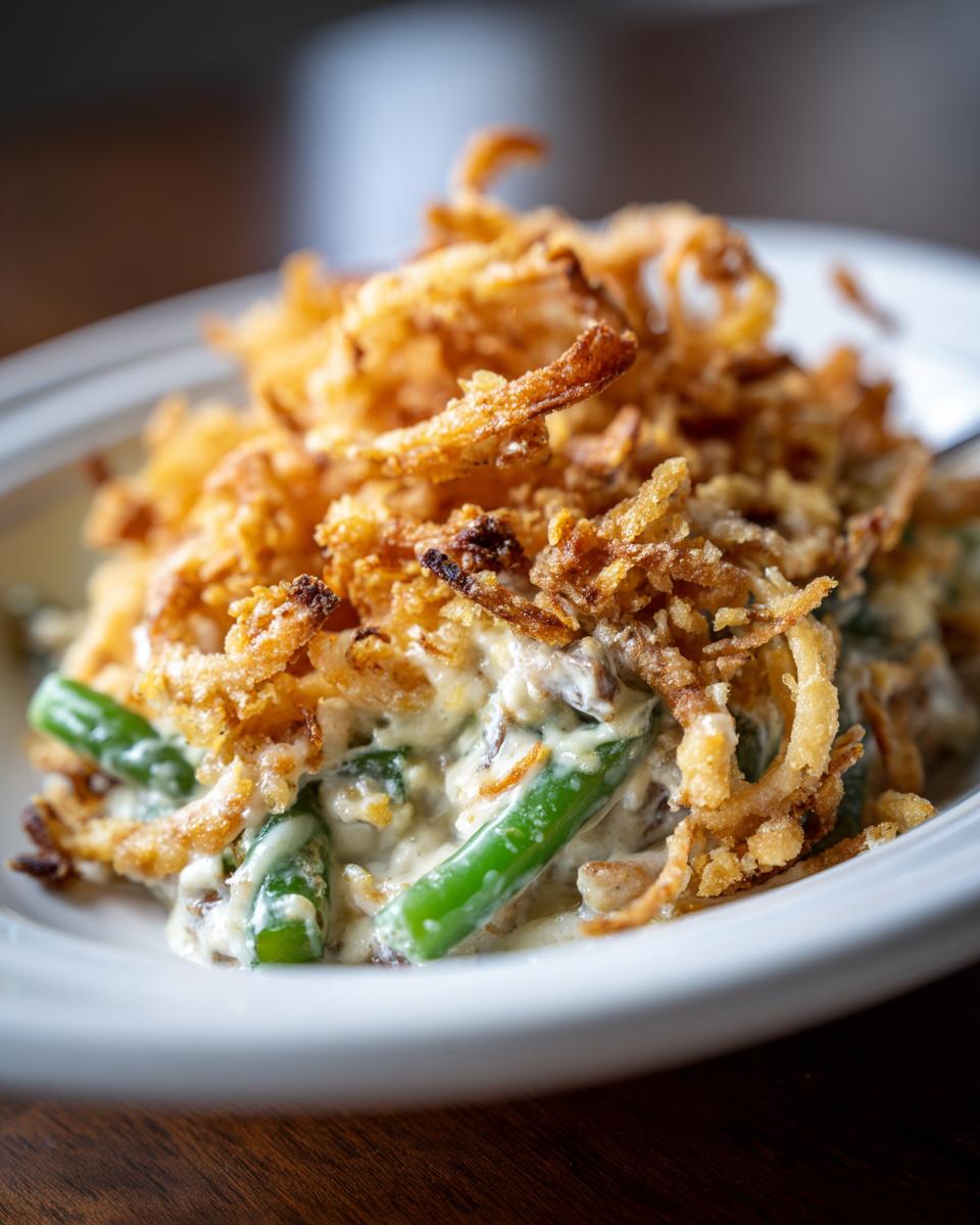 Een close-up van een portie romige Green Bean Casserole met felgroene sperziebonen en een knapperige topping van gebakken uitjes.