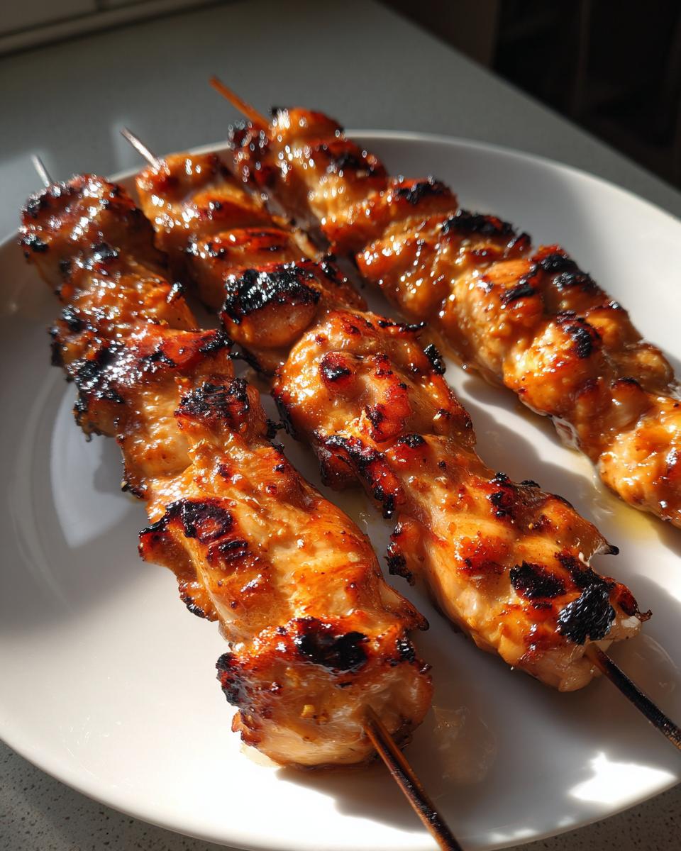 Drie gegrilde kipspiesjes met een glanzende honingmarinade op een wit bord.