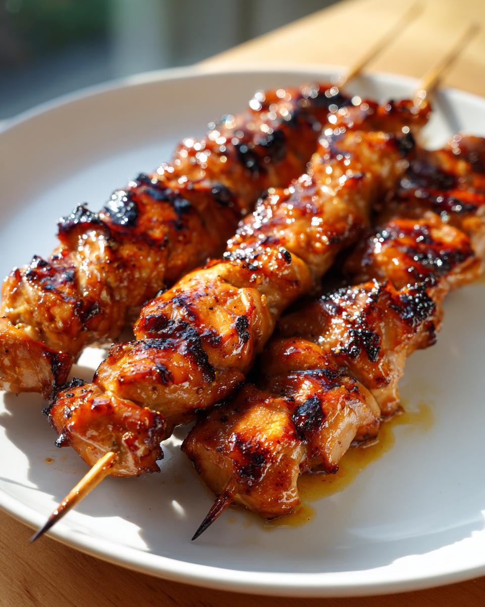 Drie gegrilde kipspiesjes met een glanzende honingmarinade op een wit bord.