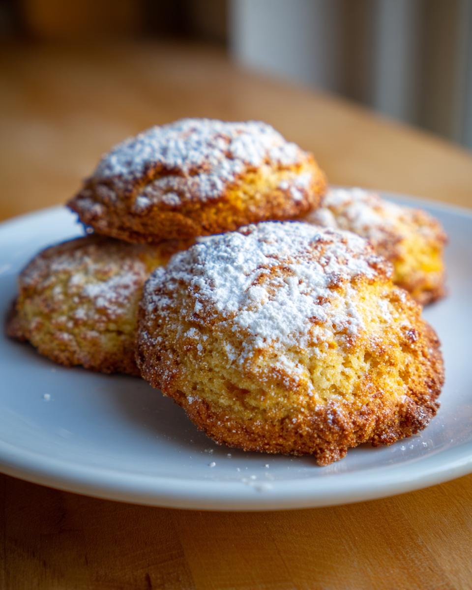 Een stapel van vier goudbruine Peach Cookies rijkelijk bestrooid met poedersuiker op een wit bord.