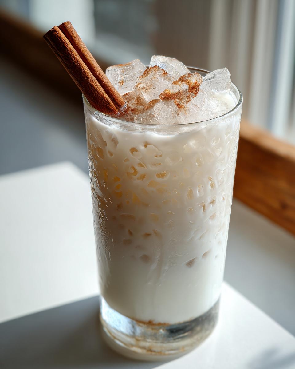 Hoog glas ijskoude Homemade Horchata, gegarneerd met ijsblokjes en twee kaneelstokjes.