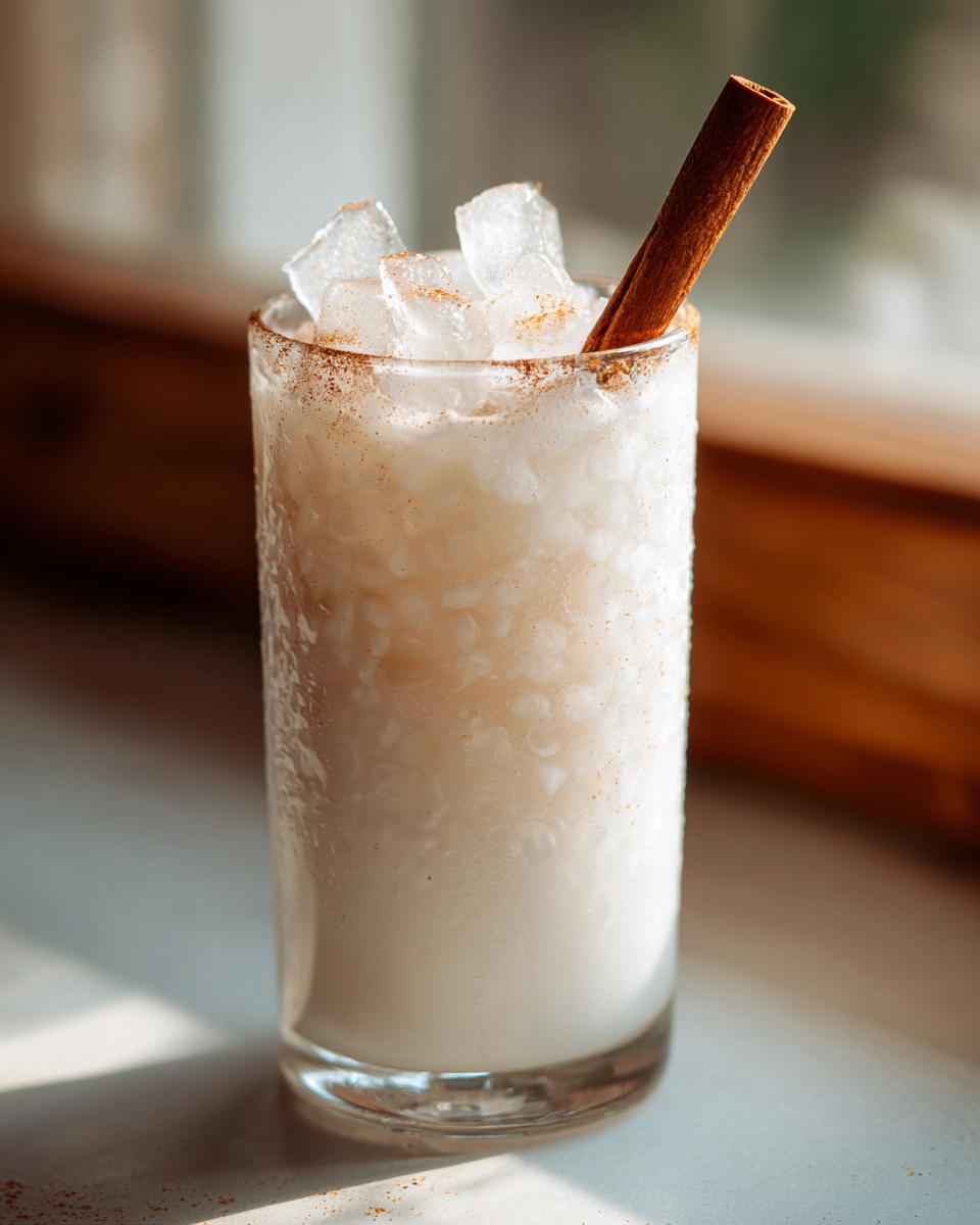 Hoog glas met ijskoude Homemade Horchata, gegarneerd met een kaneelstokje en kaneelpoeder.