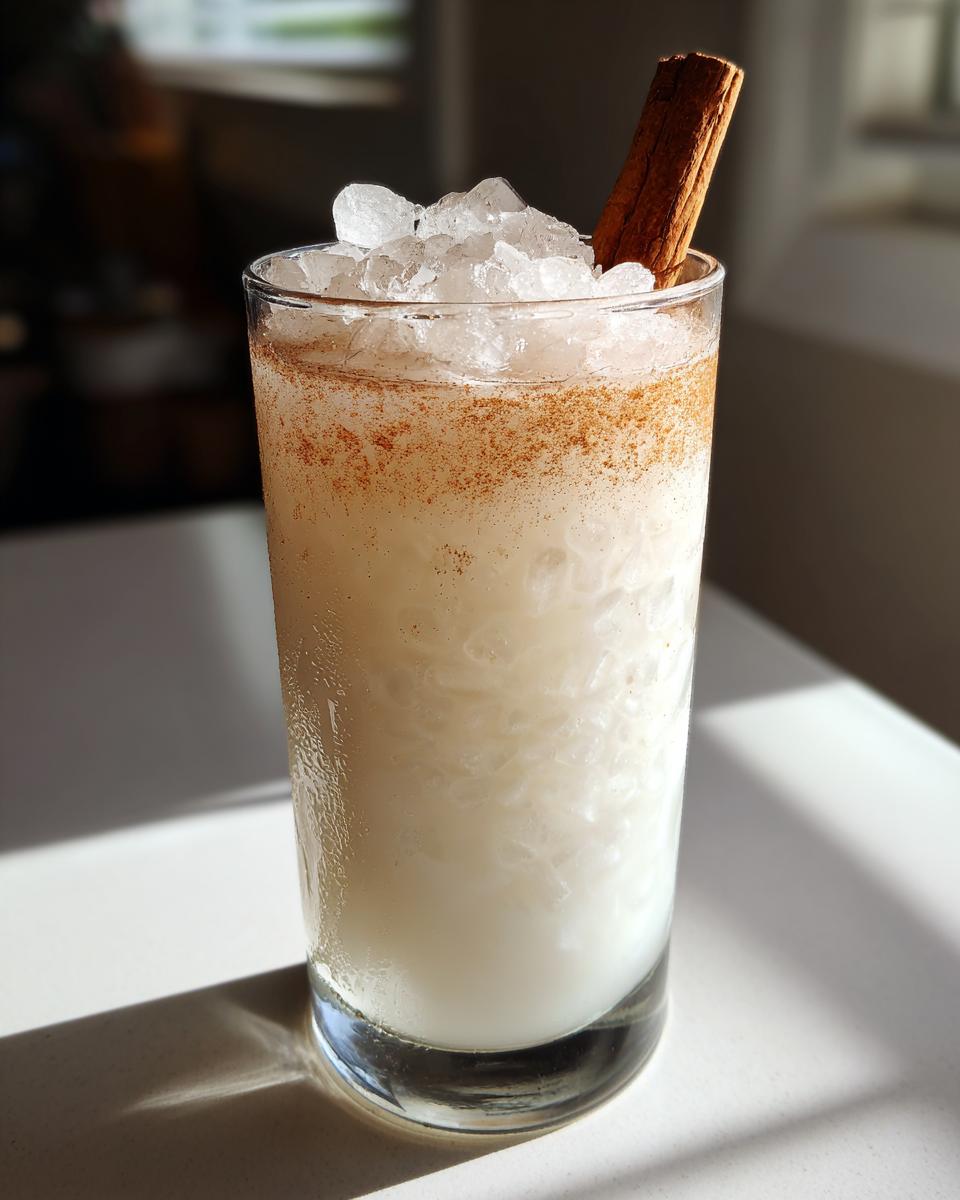 Hoog glas met ijskoude Homemade Horchata, bestrooid met kaneel en gegarneerd met een kaneelstokje.