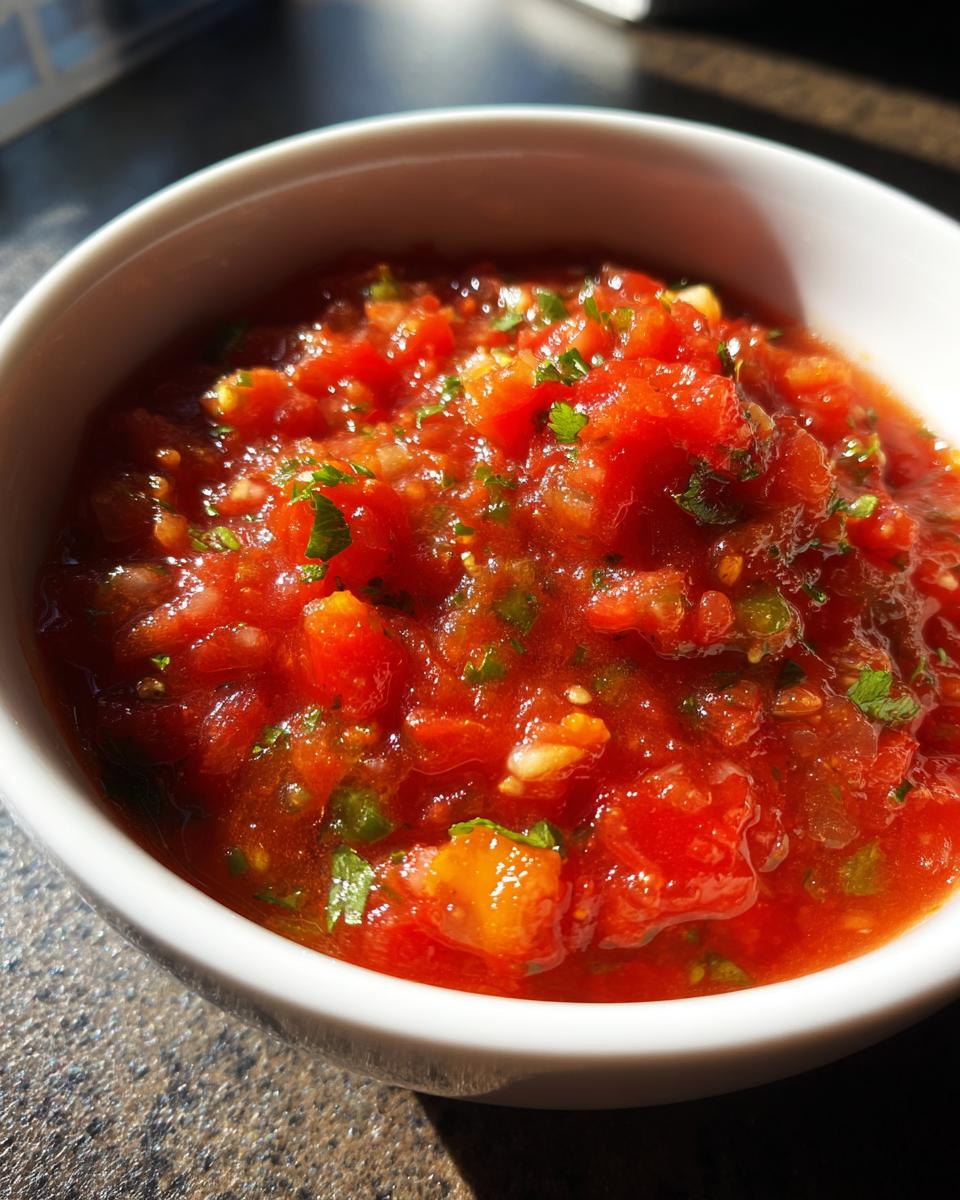 Close-up van felrode Homemade Restaurant Style Salsa met stukjes tomaat en koriander in een wit kommetje.