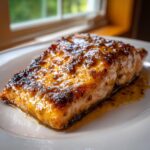 Close-up van een stuk zalmfilet met een glanzende, gekarameliseerde Honey Mustard Salmon glazuur.