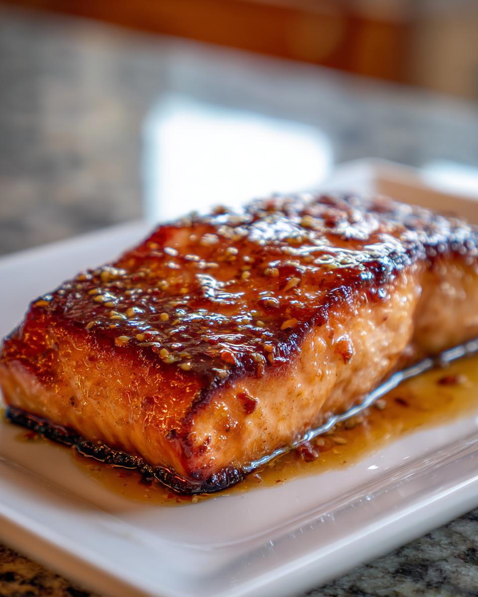 Close-up van een stuk perfect gebakken Honey Mustard Salmon met een glanzende, gekarameliseerde honing-mosterd glazuur.